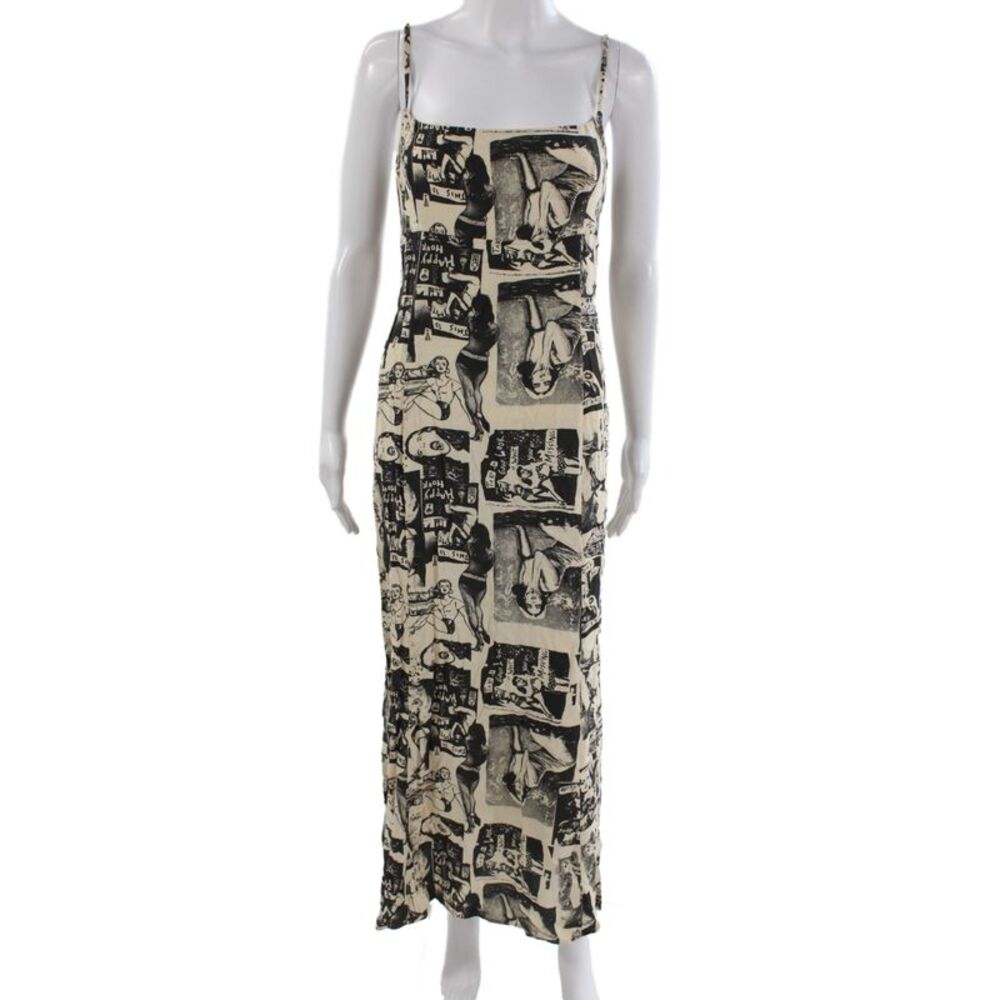 Reformation Women Slip Dress Beige Midi Square Neck Graphic Print Size 10